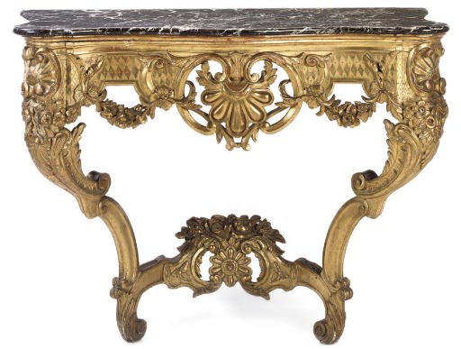 A FRENCH CARVED GILTWOOD SERPENTINE CONSOLE TABLE