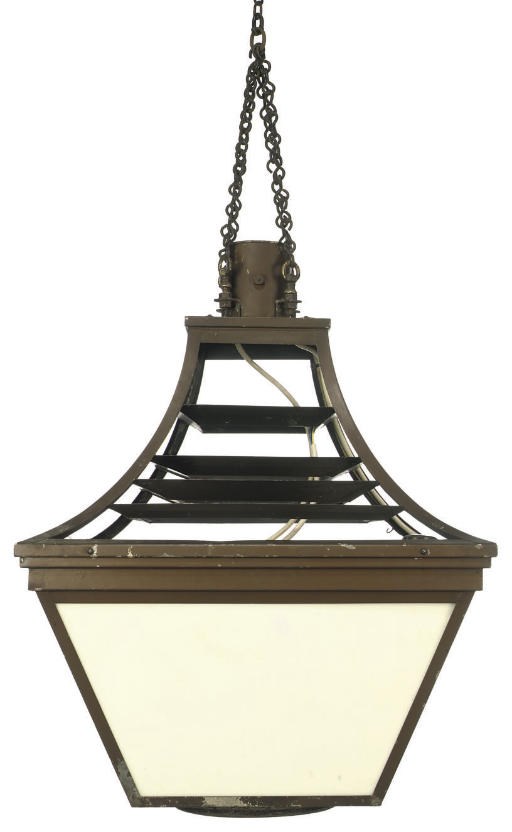A PAIR OF BRONZE PATINATED ALUMINIUM LANTERNS