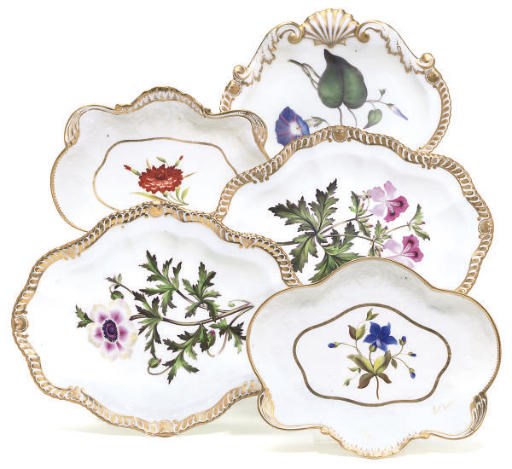 FIVE CHAMBERLAIN'S WORCESTER BOTANICAL DISHES