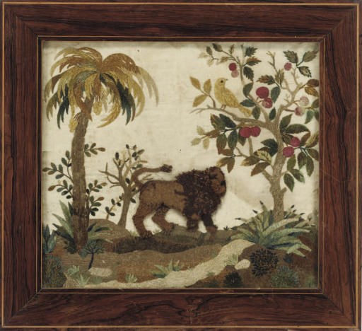 A WOOLWORK PICTURE OF A LION, EARLY 19TH CENTURY