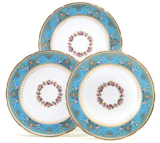 A SET OF EIGHT MINTON TURQUOISE-GROUND 'JEWELLED' PLATES