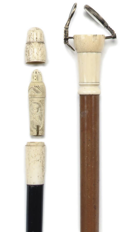 A IVORY MOUNTED MALACCA GADGET WALKING STICK