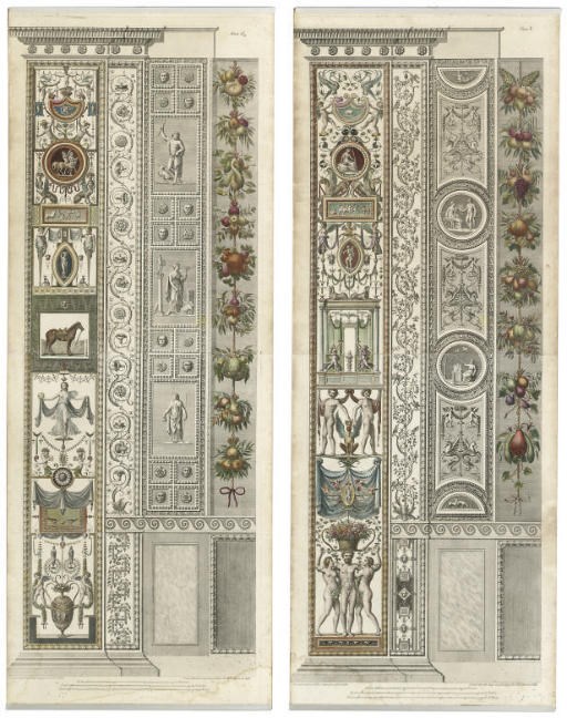 TWO HAND-COLOURED ENGRAVINGS OF ARCHITECTURAL PANELS