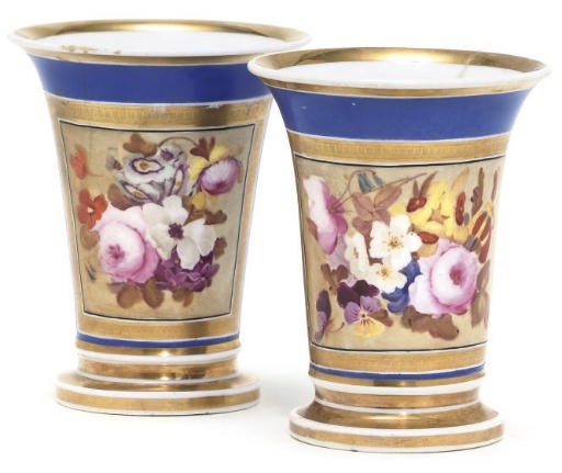 A PAIR OF ROCKINGHAM BLUE-GROUND TAPERING CYLINDRICAL SPILL-VASES