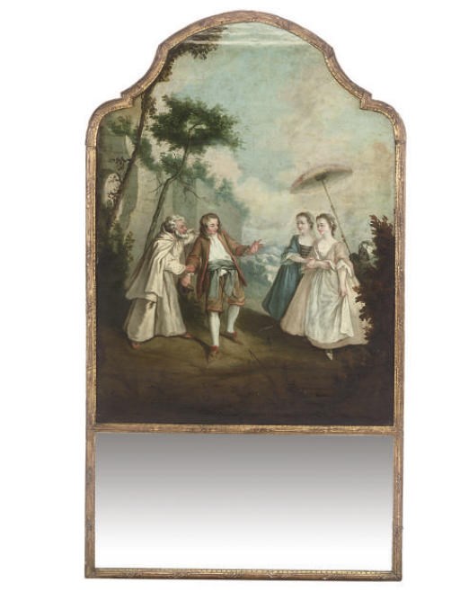 A FRENCH PAINTED AND GILT TRUMEAU MIRROR