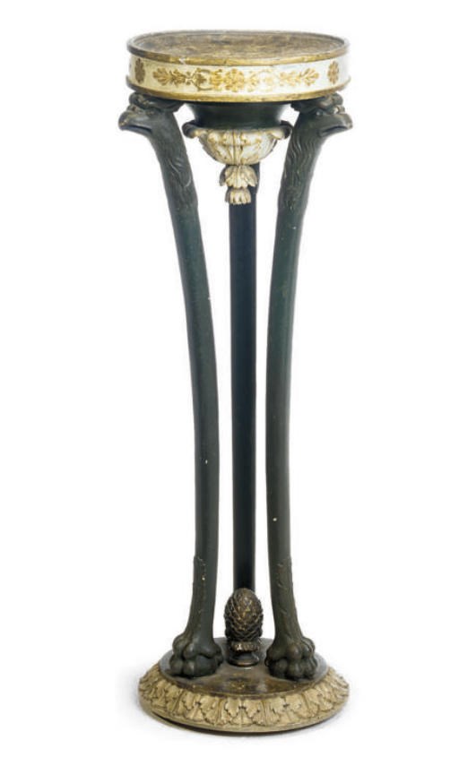 AN ITALIAN EMPIRE POLYCHROME DECORATED AND PARCEL GILT TORCHERE