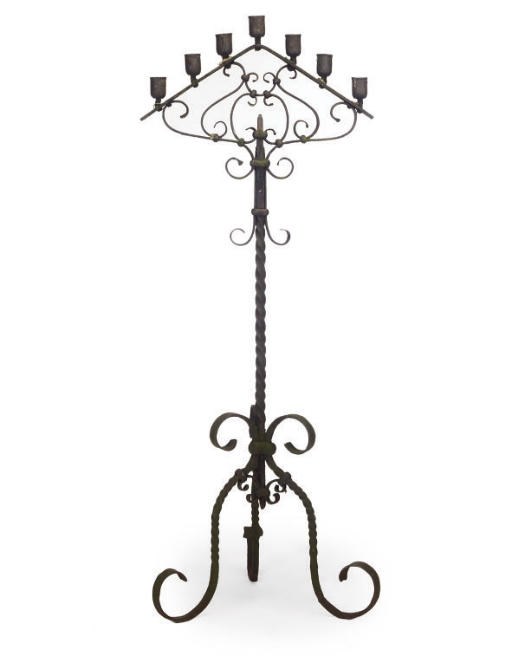 A WROUGHT IRON FLOOR STANDING CANDELABRA