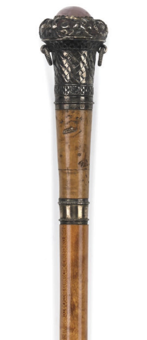A GERMAN SILVER AND ROSE QUARTZ MOUNTED GADGET WALKING STICK