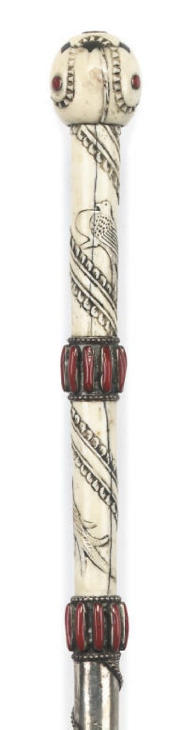 AN ANGLO-INDIAN SILVER MOUNTED BONE WALKING STICK