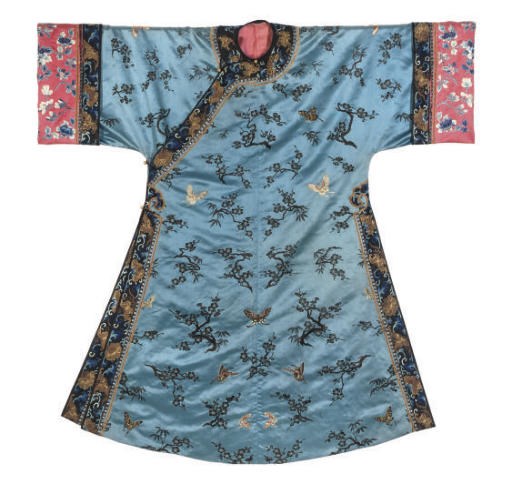 A PALE BLUE SATIN INFORMAL ROBE, LATE 19TH CENTURY