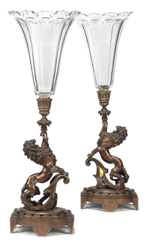 A PAIR OF FRENCH GILT BRONZE AND GLASS MOUNTED VASES