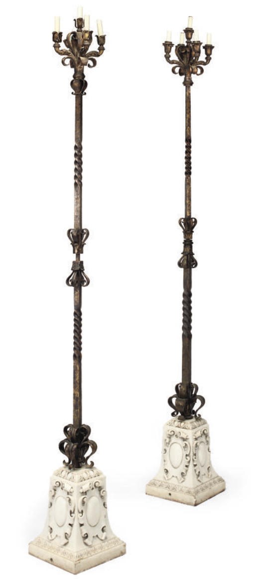 A PAIR OF ITALIAN CARVED MARBLE AND GILT-IRON MOUNTED FIVE-LIGHT FLOOR STANDING CANDELABRA