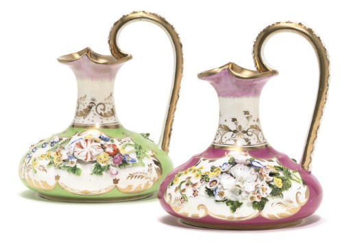 TWO DERBY (ROBT. BLOOR) FLOWER-ENCRUSTED EWERS, TWO CANDLE-SNUFFER FIGURES AND A CHOCOLATE-CUP AND COVER