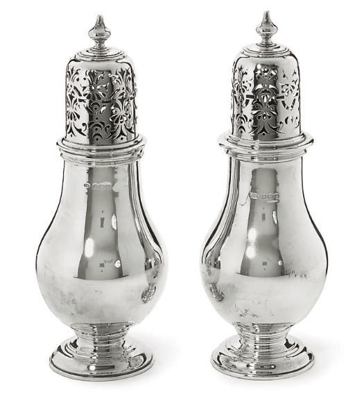 A PAIR OF SILVER SUGAR CASTERS