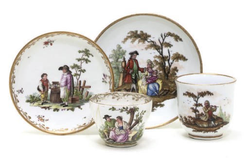 A VIENNA TEACUP AND SAUCER AND A MEISSEN TEACUP AND SAUCER