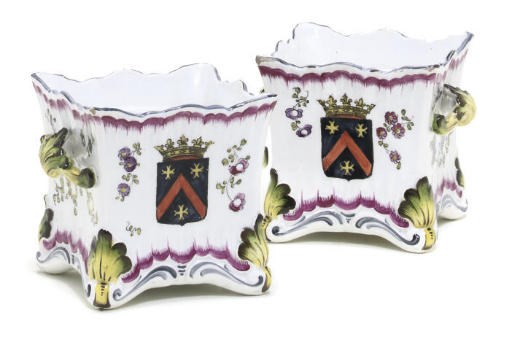 A PAIR OF FRENCH POTTERY ARMORIAL BULB POTS AND LINERS AND A TWO-HANDLED POT-POURRI VASE AND COVER