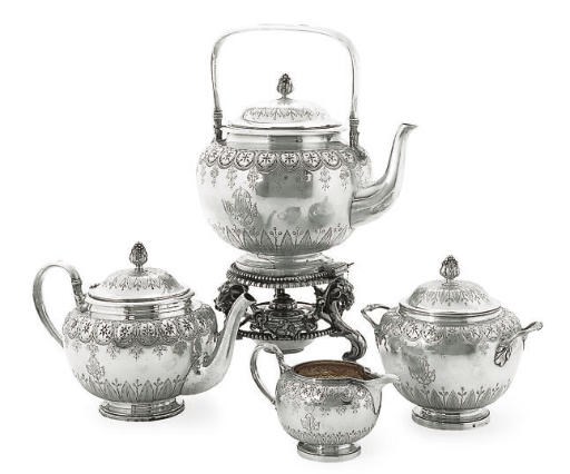 A 19TH CENTURY FRENCH SILVER 3-PIECE TEA SET WITH ELECTROPLATED KETTLE-ON-STAND EN SUITE,