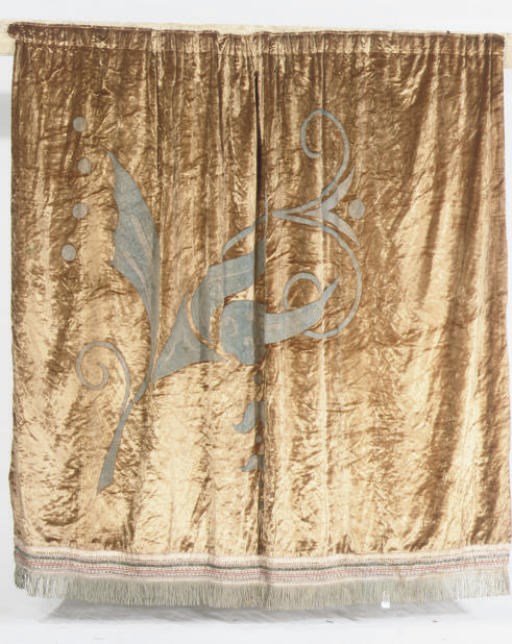 A PAIR OF HONEY COLOURED VELVET CURTAINS, ART NOUVEAU