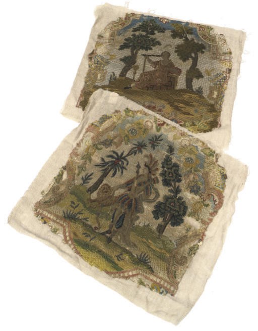TWO EARLY 18TH CENTURY EMBROIDERED CHAIR COVERS