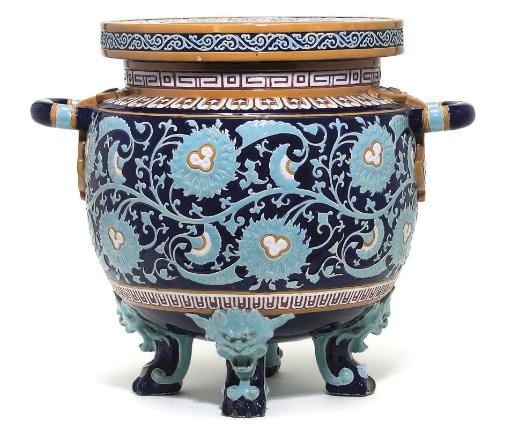 A MINTON MAJOLICA DARK-BLUE-GROUND TWO-HANDLED JARDINIERE