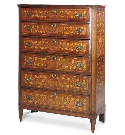 A DUTCH MAHOGANY AND FLORAL MARQUETRY TALL CHEST