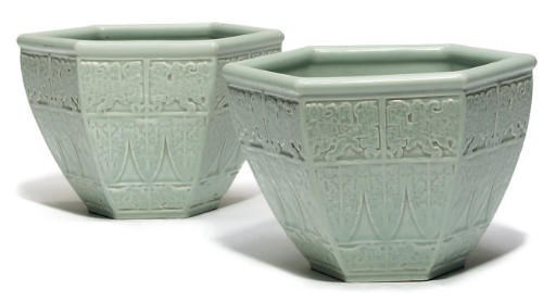 A Pair of Chinese hexagonal celadon jardinieres