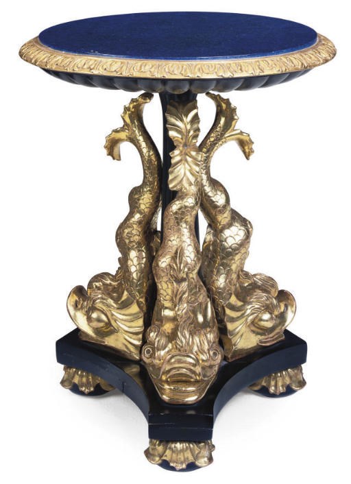 A CARVED GILTWOOD AND SIMULATED LAPIS LAZULI OCCASIONAL TABLE