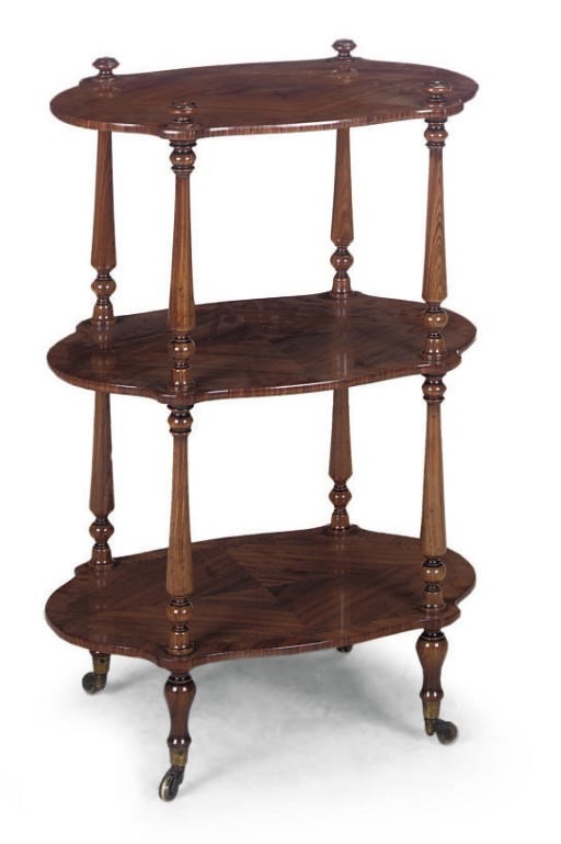 A VICTORIAN TULIPWOOD THREE TIER WHATNOT