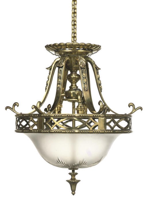 AN EDWARDIAN BRASS AND FROSTED CUT GLASS HANGING DISH LIGHT