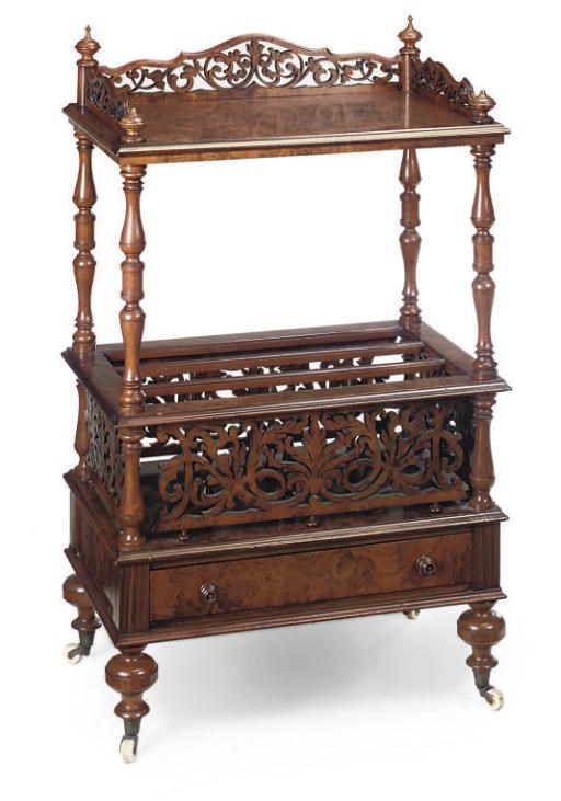 A MID VICTORIAN BURR WALNUT CANTERBURY