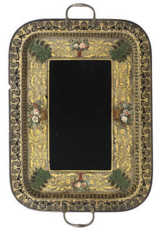 A REGENCY GILT-HEIGHTENED JAPANNED PAPIER-MÂCHÉ TRAY