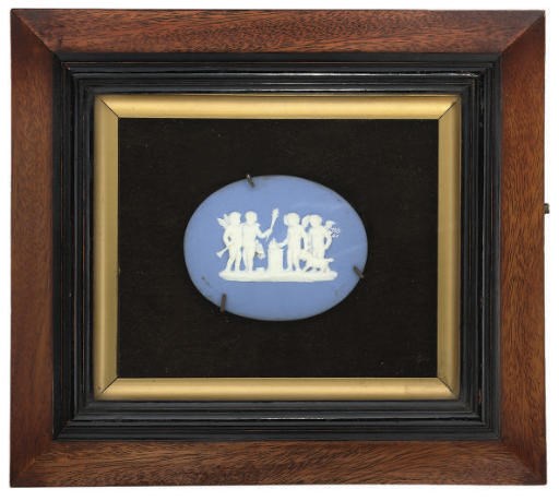 A PAIR OF WEDGWOOD BLUE JASPERWARE OVAL PLAQUES