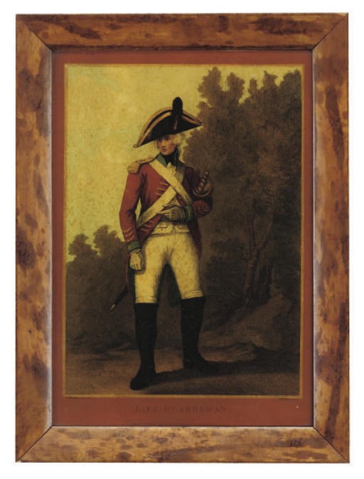 A SET OF FOUR GEORGE III MEZZOTINTS UNDER GLASS DEPICTING GUARDSMAN AND INFANTRYMEN