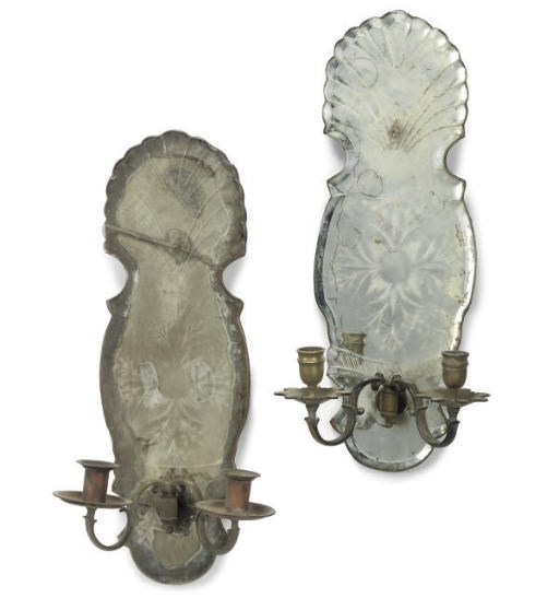 A PAIR OF TWIN-BRANCH ETCHED MIRROR-BACK WALL-APPLIQUES