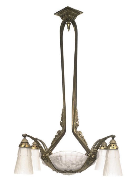 AN ART DECO GILT-LACQUERED BRASS AND MOULDED, FROSTED GLASS EIGHT-LIGHT CHANDELIER