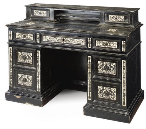 A MILANESE EBONISED AND BONE INLAID PDESTAL DESK