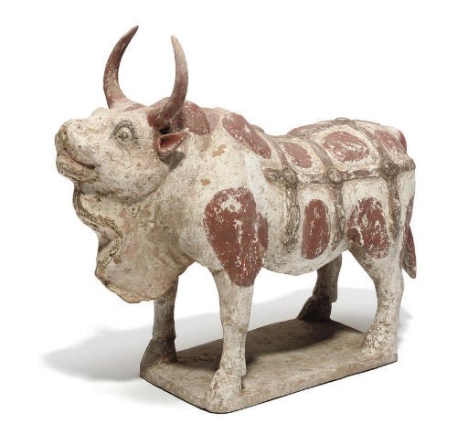 A Chinese painted grey pottery model of an ox