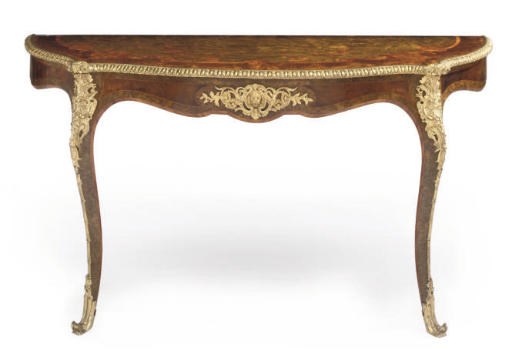 A GILT METAL MOUNTED, WALNUT AND MARQUETRY CONSOLE TABLE
