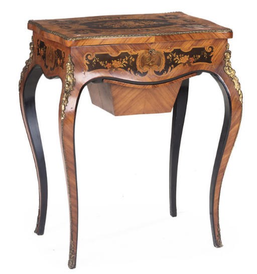 A NAPOLEON III GILT METAL MOUNTED KINGWOOD AND MARQUETRY WORK TABLE