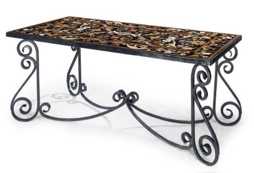 A WROUGHT IRON TABLE WITH INLAID MARBLE TOP