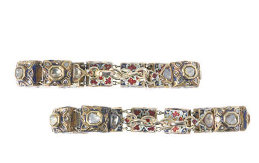 A PAIR OF DIAMOND, ENAMEL AND GOLD BRACELETS