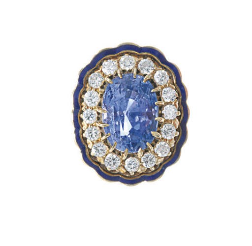 A SAPPHIRE, DIAMOND, ENAMEL AND GOLD RING