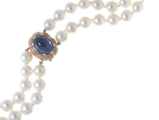 **A CULTURED PEARL, SAPPHIRE, CORAL, DIAMOND AND 18K GOLD NECKLACE, BY VERDURA