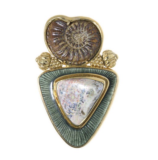 AN ENAMEL, OPAL, HARDSTONE AND 18K GOLD BROOCH, BY ELISABETH GAGE
