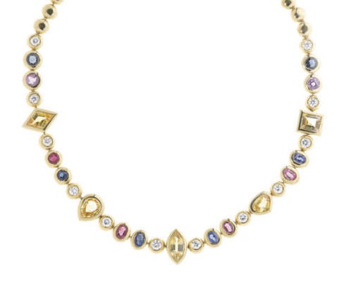 A MULTI-COLORED SAPPHIRE, DIAMOND AND GOLD NECKLACE