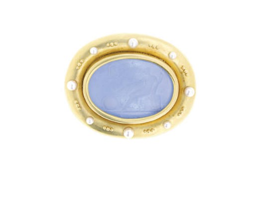 A GLASS, CULTURED PEARL AND 18K GOLD BROOCH, BY ELIZABETH LOCKE