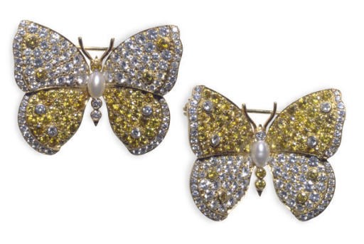 A SET OF DIAMOND, COLORED DIAMOND, CULTURED PEARL AND GOLD BUTTERFLY BROOCHES