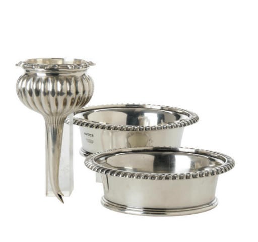 A GEORGE IV SILVER WINE FUNNEL, A PAIR OF ELIZABETH II SILVER WINE COASTERS, AND AN AMERICAN SILVER COCKTAIL SHAKER AND COVER,