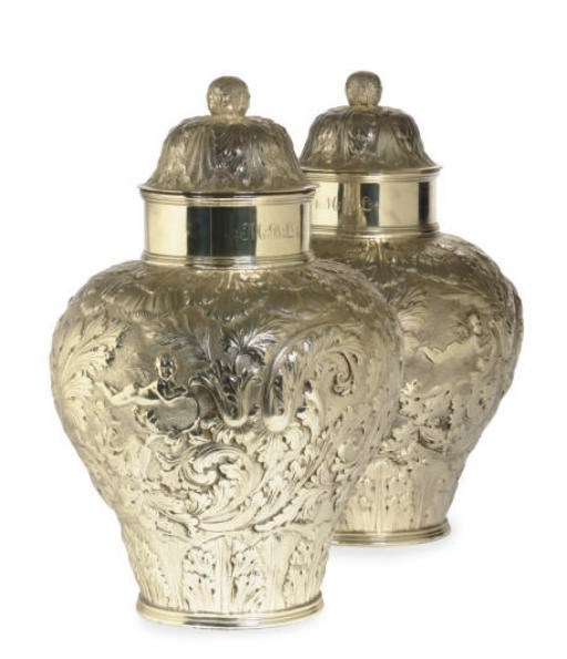 A PAIR OF GEORGE VI SILVER REPOUSSÉ GINGER JARS AND COVERS,