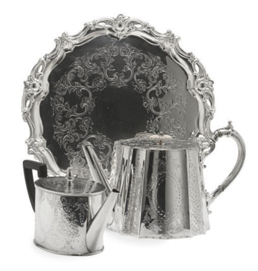 AN ASSEMBLED VICTORIAN SILVER-PLATED FOUR PIECE TEA SERVICE AND A SALVER,**